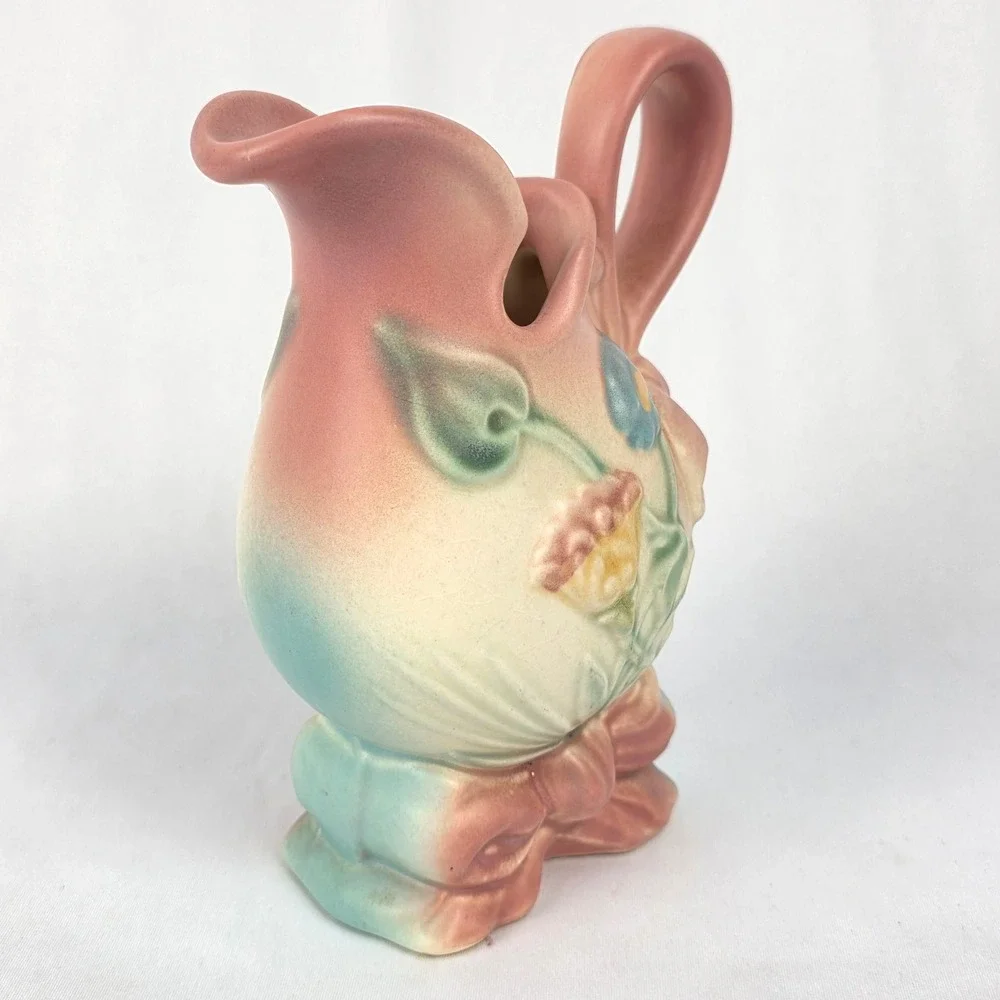 Hull Art USA Pottery‎ Pitcher Vase Flowers Bow Pink Blue Cream 6.25" Cracked - Picture 2 of 14